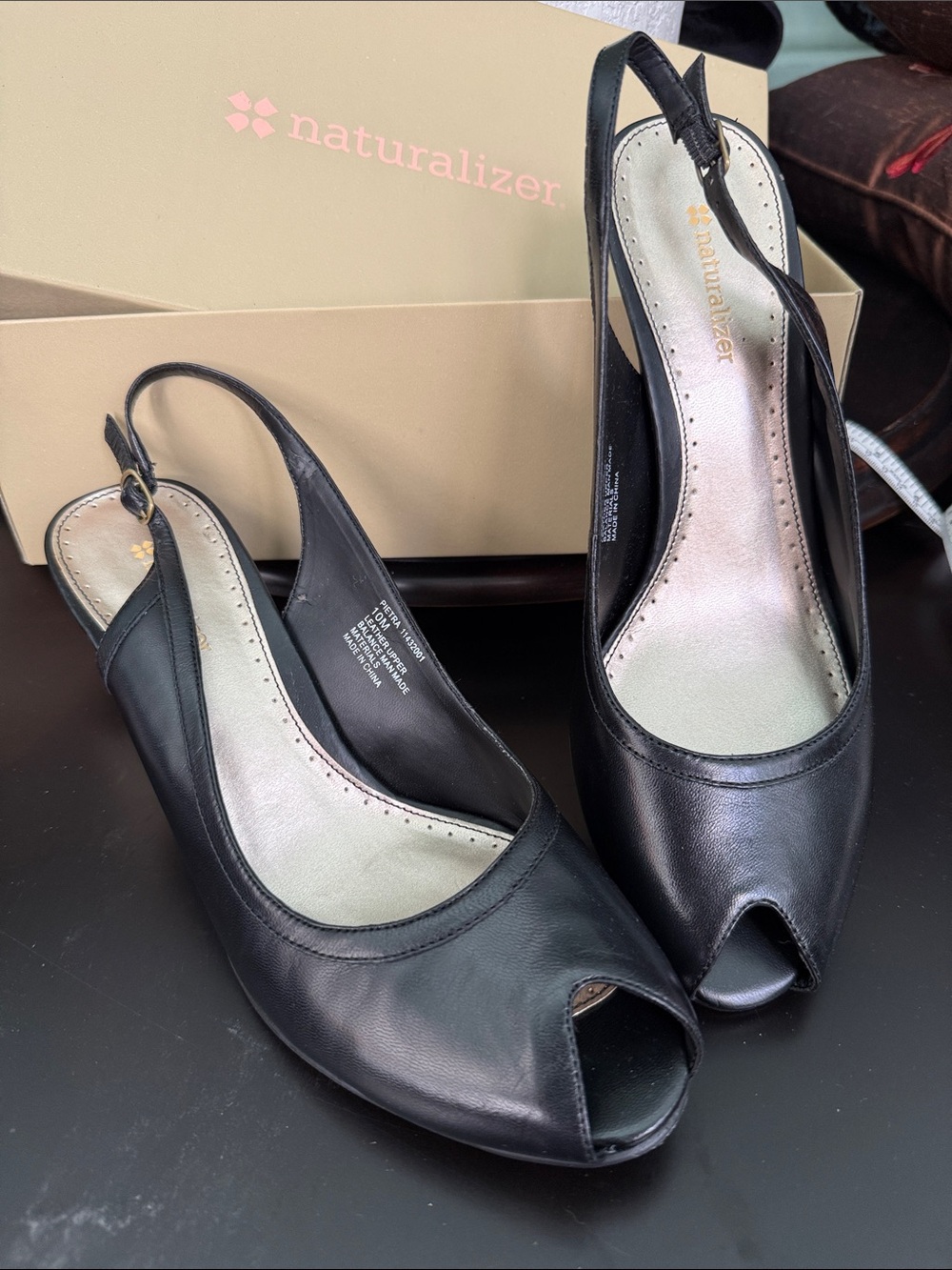 Black open toed heeled back shoes